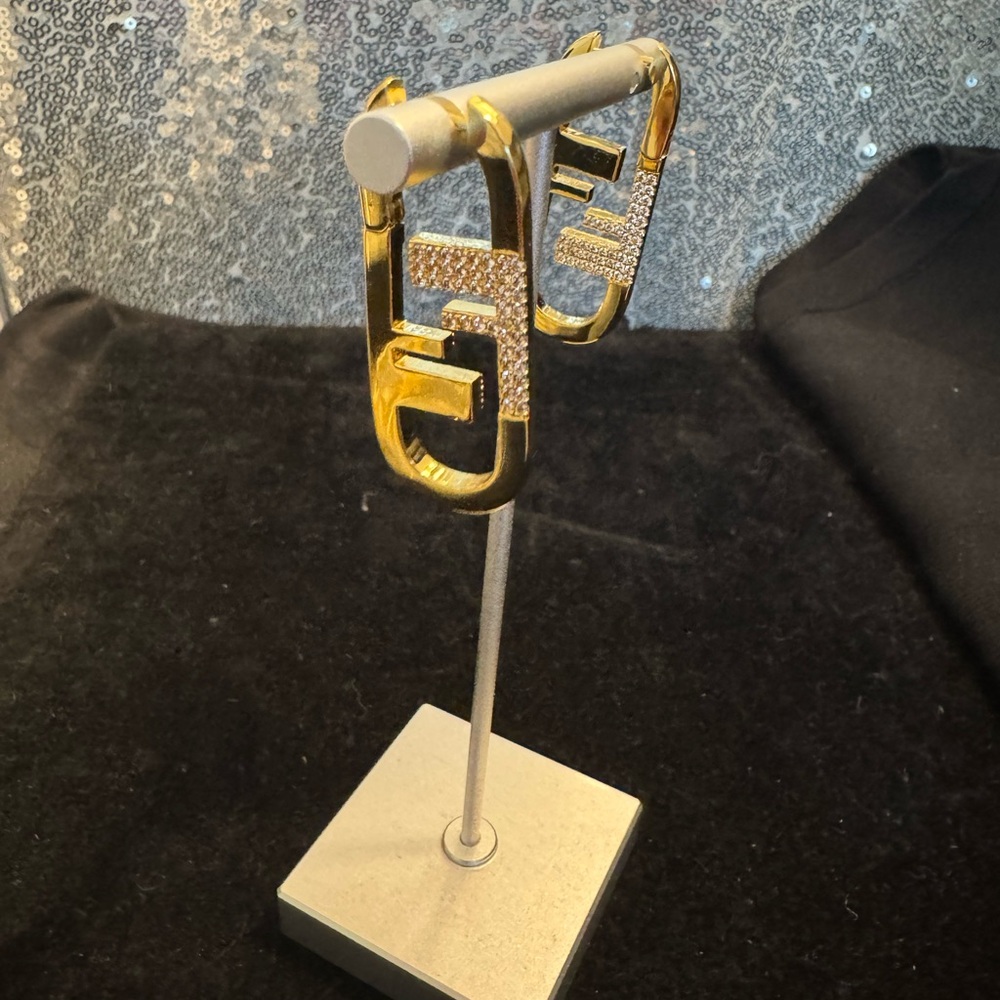 Fendi FF Elegant Gold Earrings with Crystal Accents - Picture 4 of 5